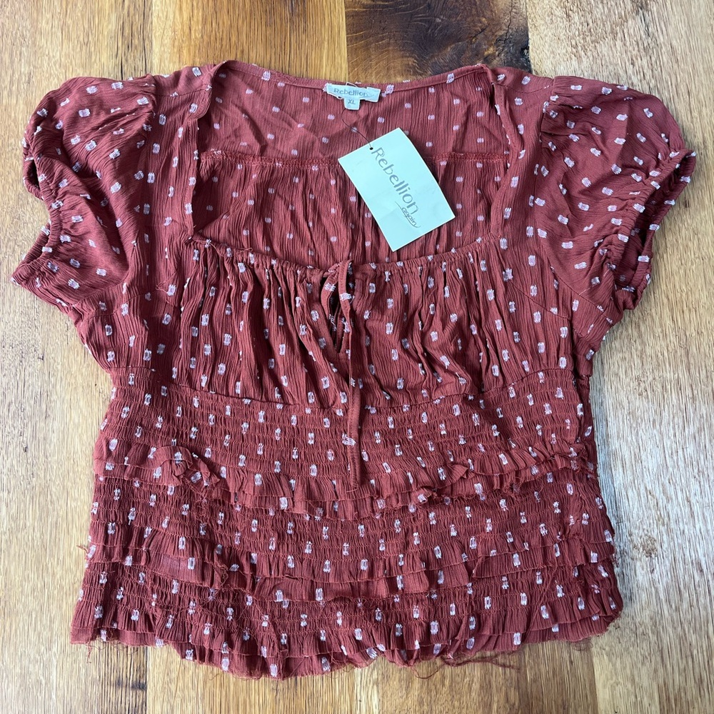 NWT Rebellion Distressed Ruched Gauze Blouse